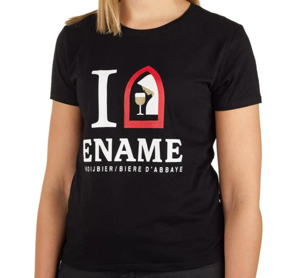 Zwart Ename t-shirt voor vrouwen met Ename logo, gemaakt van 100% katoen, verkrijgbaar in maten S, M, L en XL